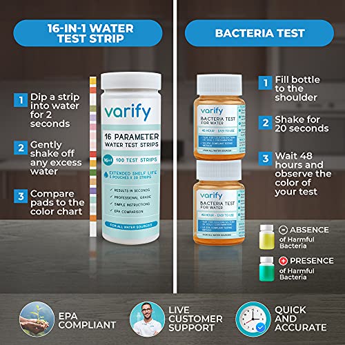 Varify 17in1 Complete Drinking Water Test Kit - 100 Strips + 2 Bacteria Tester Kits - Well, Tap, Home, City Water Testing Strip for Lead, Alkaline, Chlorine, Hardness, Iron, Fluoride, Copper & More