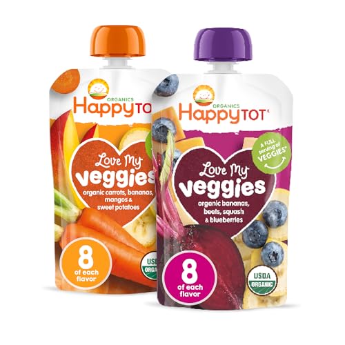 Happy Tot Organics Stage 4 Baby Food Pouches, Gluten Free, Vegan Snack, Love My Veggies, Fruit & Veggie Puree, Variety Pack, 4.22 Ounce (Pack of 16), Amazon Exclusive