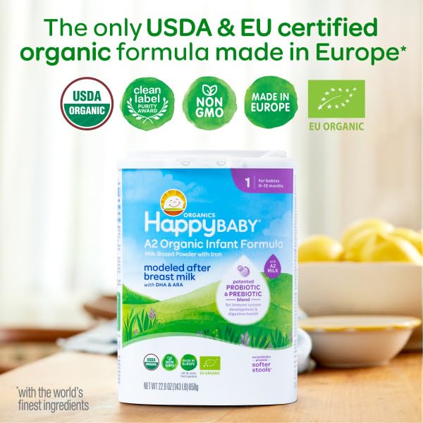 Happy Baby Organics Stage 1 A2 Infant Formula, 0 12 Months, Milk Based Organic Baby Formula Powder with A2 Milk, Probiotics & Prebiotics for Immune & Digestive Support, 22.9 Ounce (Pack of 4)