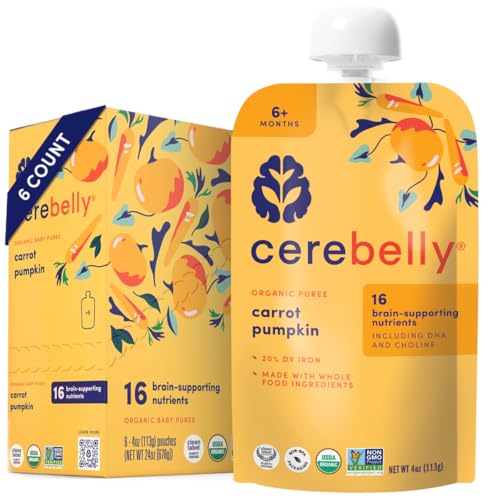 Cerebelly Organic Baby Food Pouches – Organic Veggie Purees for Toddlers | No Added Sugar, Fiber, Non-GMO | Blended Toddler Food | 4oz BPA-Free Baby Food | Carrot Pumpkin | 6 Count