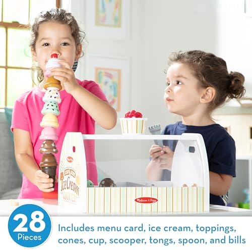 Melissa & Doug Wooden Scoop and Serve Ice Cream Counter (28 pcs) - Play Food and Accessories