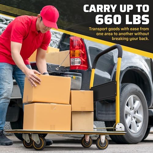 Heavy Duty Foldable Push Cart Dolly | 660 lbs. Capacity | Upgraded Collapsible Hand Truck Platform with Swivel Wheels | Flat Bed Moving Wagon | Space Saving Push Handle (Yellow)