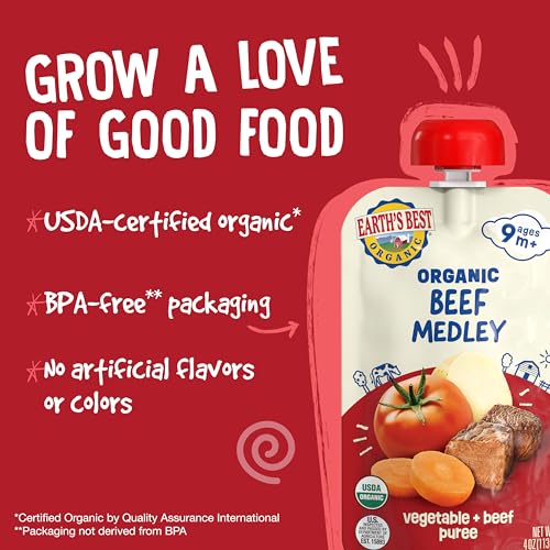 Earth's Best Organic Baby Food Pouches, 9+ Months, Beef, Vegetable, and Rice Puree for Babies 9 Months and Up, Organic Beef Medley, 4 Ounce Resealable Pouch (Pack of 12)