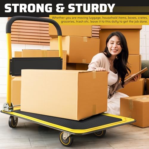 Heavy Duty Foldable Push Cart Dolly | 660 lbs. Capacity | Upgraded Collapsible Hand Truck Platform with Swivel Wheels | Flat Bed Moving Wagon | Space Saving Push Handle (Yellow)