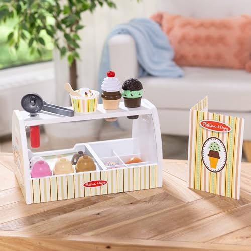 Melissa & Doug Wooden Scoop and Serve Ice Cream Counter (28 pcs) - Play Food and Accessories