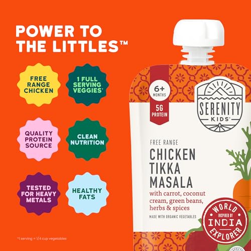 Serenity Kids 6+ Months Chicken Tikka Masala Baby Food Puree Pouches - High Protein Ethically Sourced Chicken & Organic Veggies - BPA-Free Toddler Pouches - 3.5 Oz, 12 Pack