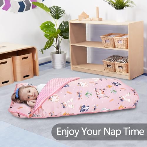 Primlect Thickened Toddler Nap Mat with Removable Pillow and Minky Blanket, Extra Large 55''x35'' Sleeping Bag, Washable, Roll up, Perfect for Daycare, Preschool, Kindergarten, Boys and Girls Pink Fox
