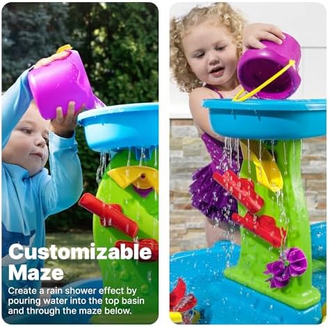 Step2 Rain Showers Splash Pond Water Table with Cover, Kids Water and Sand Activity Sensory Playset, Summer Outdoor Toys, 13-Piece Water Toy Accessories, for Toddlers 1.5+ Years Old, Blue & Green