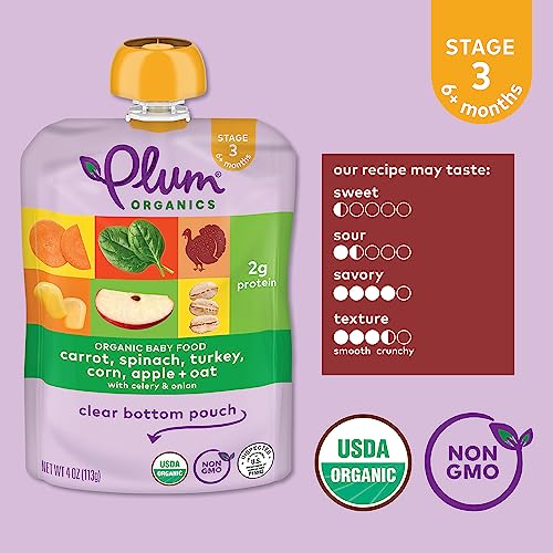 Plum Organics Stage 3 Organic Baby Food - Carrot, Spinach, Turkey, Corn, Apple, and Oat - 4 oz Pouch (Pack of 12) - Organic Baby Food Pouch