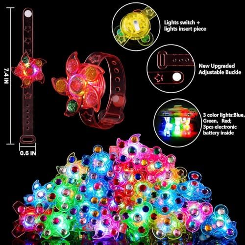 SCIONE 24 Pack LED Light Up Fidget Spinner Bracelets, Glow in The Dark Party Favors for Kids 4-8 8-12, Treasure Box Toys, Birthday Gifts, Carnival Prizes, Halloween Goodie Bags Stuffers for Kids