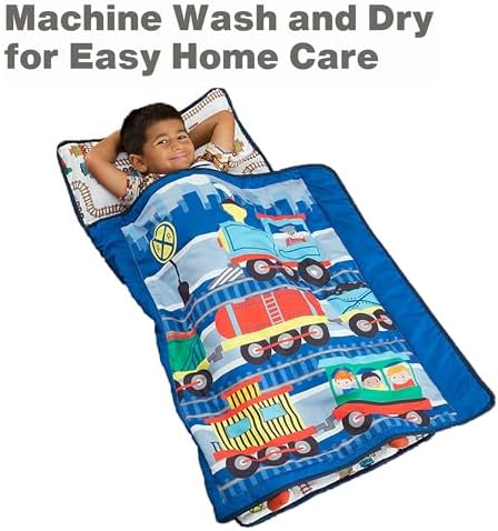 EVERYDAY KIDS Toddler Nap Mat with Removable Pillow -Choo Choo Train- Carry Handle with Fastening Straps Closure, Rollup Design, Soft Microfiber for Preschool, Daycare, Sleeping Bag - Ages 2-6 Years