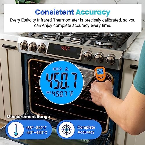 Etekcity Infrared Temperature Thermometer Gun, Laser Food Temp Gun for Pizza Oven, Griddle, Grill, Meat, Candy, Vehicle's Engine, Surface Temp Reader -58ยฐF to 842ยฐF, Orange