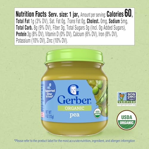 Gerber Stage 1 Baby Food, Organic Pea Jar, Baby Puree, Non-GMO, Vegetable, Puree Jars Glass, 10-pack