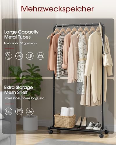 Clothes Rack - Clothing Rack with Storage Mesh Shelf & Casters, Heavy-Duty Metal Clothing Rack for Hanging Clothes, Dresses, Coats, Large Load Capacity, Easy Assembly, Black, 28.0"x14.0"x59.0"