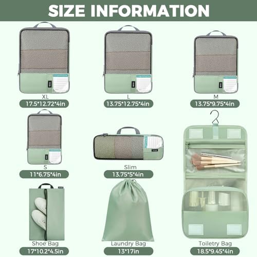 BAGAIL 4 Set/6 Set/8 Set Compression Packing Cubes Travel Accessories Expandable Packing Organizers(HalfMesh, 8-MatchaGreen)