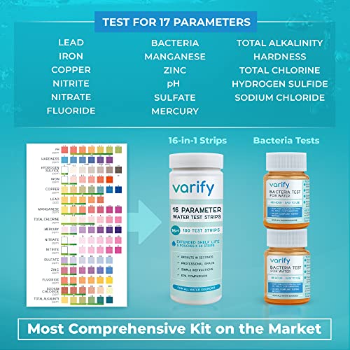 Varify 17in1 Complete Drinking Water Test Kit - 100 Strips + 2 Bacteria Tester Kits - Well, Tap, Home, City Water Testing Strip for Lead, Alkaline, Chlorine, Hardness, Iron, Fluoride, Copper & More