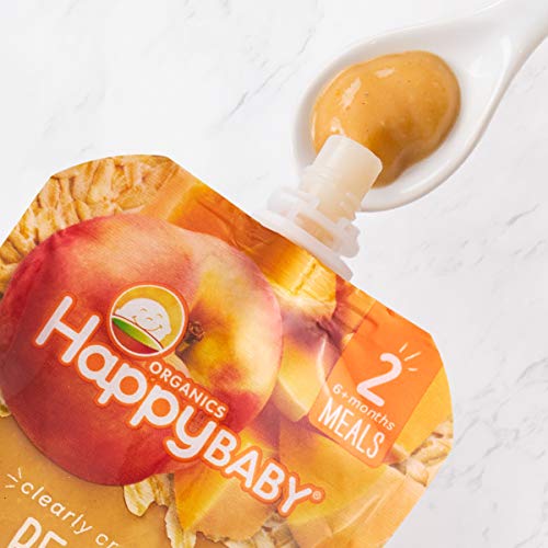 Happy Baby Organics Stage 2 Baby Food Pouches, Gluten Free, Vegan & Healthy Snack, Clearly Crafted Fruit & Veggie Puree, Pumpkin, Peaches & Granola, 4 Ounces (Pack of 16)
