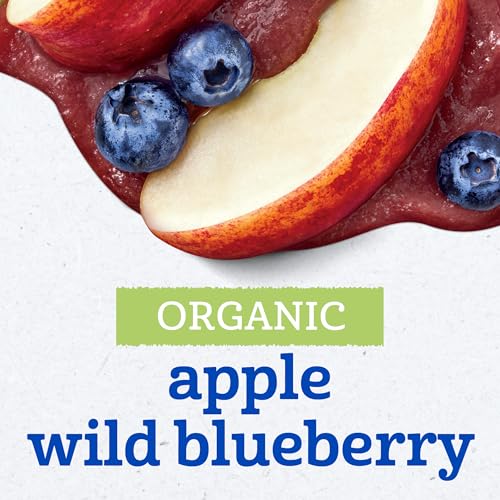 Gerber Stage 2 Baby Food, Organic Apple Wild Blueberry Jar, Fruit Puree, Vitamin C, Non-GMO, Baby Food Fruit, Puree Jars Glass, 10-pack