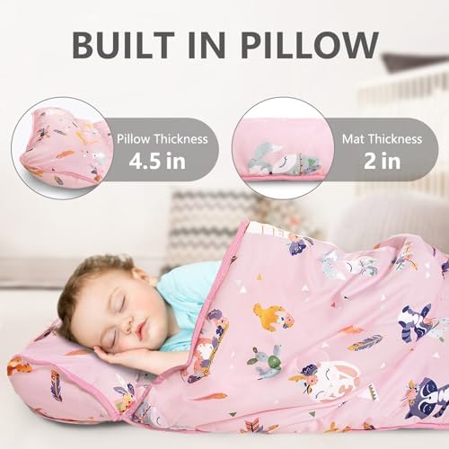 Primlect Thickened Toddler Nap Mat with Removable Pillow and Minky Blanket, Extra Large 55''x35'' Sleeping Bag, Washable, Roll up, Perfect for Daycare, Preschool, Kindergarten, Boys and Girls Pink Fox