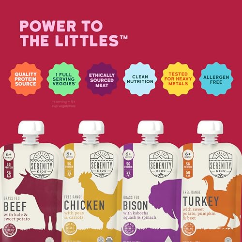 Serenity Kids 6+ Months Baby Food Pouches - Ethically Sourced Meat & Organic Veggies - High Protein Savory Baby Puree Pouches for Baby Snacks - 3.5 Oz, 8 Pack