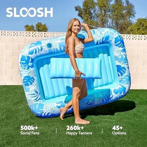 SLOOSH Inflatable Tanning Pool Lounger Float, 70" x 46" Pool Floats Adult with Pillow, 4 in 1 Suntan Tub Raft Floatie,Sunbathing Bed Lounge for Water Blow Up Kids Ball Pit Party Gifts, L-Blue