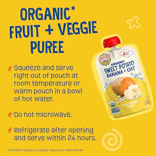 Earth's Best Organic Baby Food Pouches, 6+ Months, Fruit and Grain Puree for Babies 6 Months and Up, Organic Sweet Potato, Banana, and Oat, 3.5 Ounce Resealable Pouch (Pack of 12)