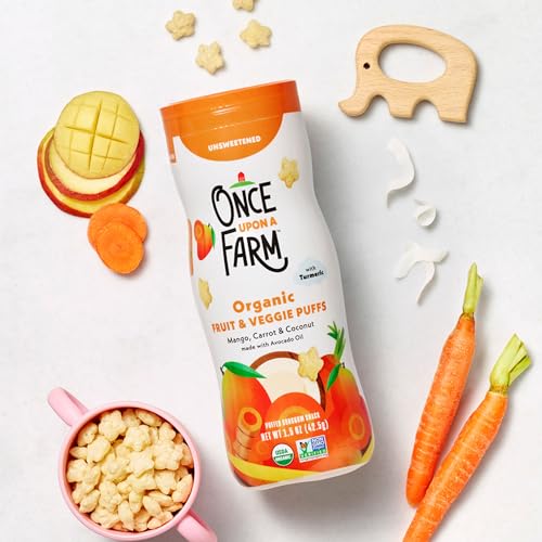 Once Upon A Farm Mango, Coconut & Carrot Puffed Sorghum Snack, Fruit & Veggie Puffs, Non GMO, 1.5 Ounces (Pack Of 6)