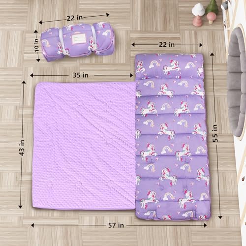 Primlect Thickened Toddler Nap Mat with Removable Pillow and Minky Blanket, Extra Large 55''x35'' Sleeping Bag, Washable, Roll up, Perfect for Daycare, Preschool, Kindergarten, Boys and Girls Unicorn