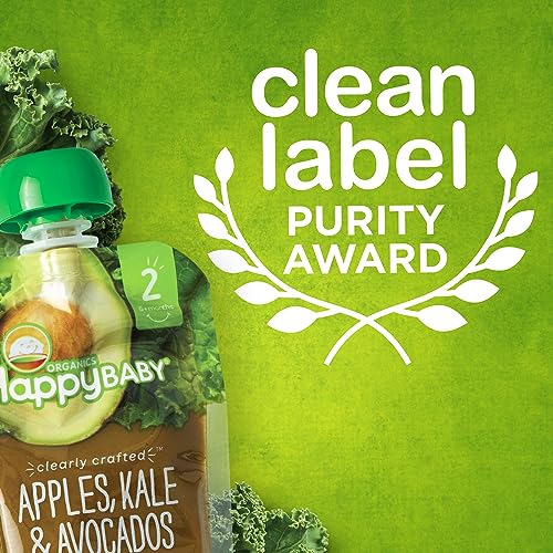 Happy Baby Organics Stage 2 Baby Food Pouches, Gluten Free, Vegan & Healthy Snack, Clearly Crafted Fruit Puree, Squash, Pears & Apricots, 4 Ounces (Pack of 16)