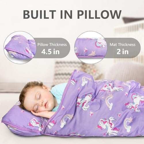 Primlect Thickened Toddler Nap Mat with Removable Pillow and Minky Blanket, Extra Large 55''x35'' Sleeping Bag, Washable, Roll up, Perfect for Daycare, Preschool, Kindergarten, Boys and Girls Unicorn