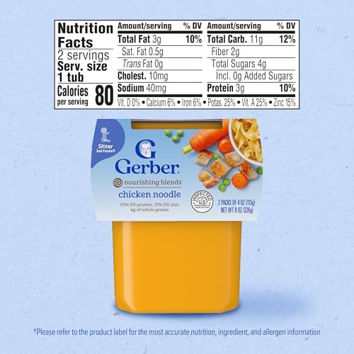 Gerber Baby Food 2nd Foods, Dinner, Chicken Noodle Puree, 4 Ounce Tubs, 2-Pack (Pack of 8)