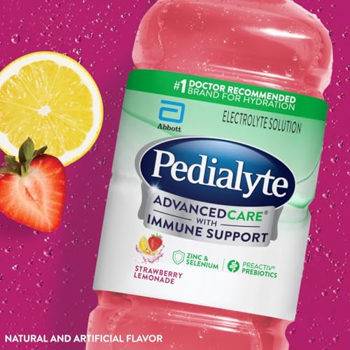 Pedialyte AdvancedCare Electrolyte Solution with PreActiv Prebiotics, Hydration Drink, Strawberry Lemonade, 1 Liter, 4 Count