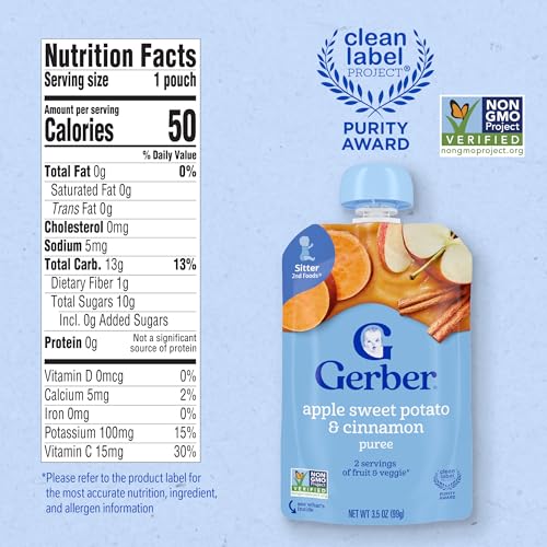 Gerber Stage 2 Baby Food, Apple Sweet Potato Cinnamon Puree Pouch, 2 Servings of Fruit & Veggie, No Added Sweetener, No Artificial Colors or Flavors, 12-Pack