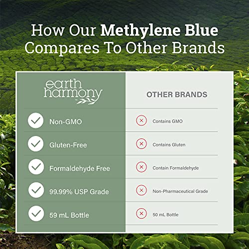 Earth Harmony Methylene Blue 1% Pharmaceutical Grade Supplement with Dropper, Includes Nano Liquid Gold, Methylene Blue USP Grade, No Formaldehyde (2 Oz)