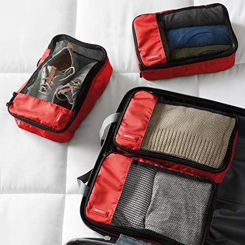 Amazon Basics Small Packing Cubes for Travel, Packing Organizers, 4-Piece-Set With Double Zipper Pulls and Mesh Top Panel, 100% Durable Polyester, Red, 11"L x 6.8"W x 3"H