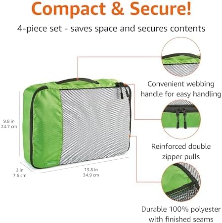 Amazon Basics Medium Packing Cubes for Travel, Packing Organizers, 4-Piece-Set With Double Zipper Pulls and Mesh Top Panel, 100% Durable Polyester, Green, 13.8"L x 9.8"W x 3"H