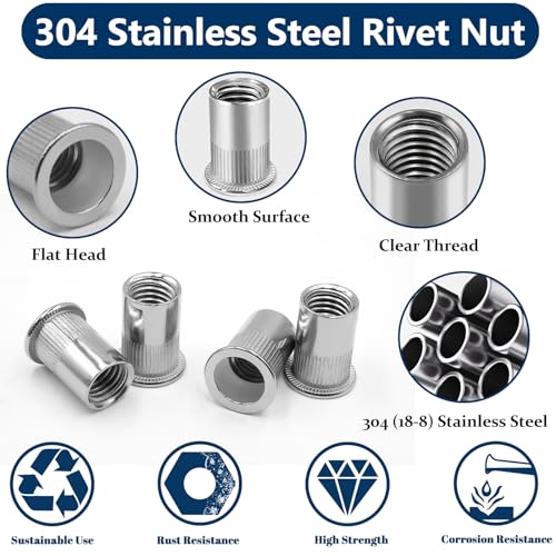 SAE Rivet Nut Assortment Kit(220 Pcs),#8-32#10-24 1/4"-20 5/16"-18 3/8"-16 304 Stainless Steel Flat Head Rivnut Set,Rivnut Threaded Insert Nut