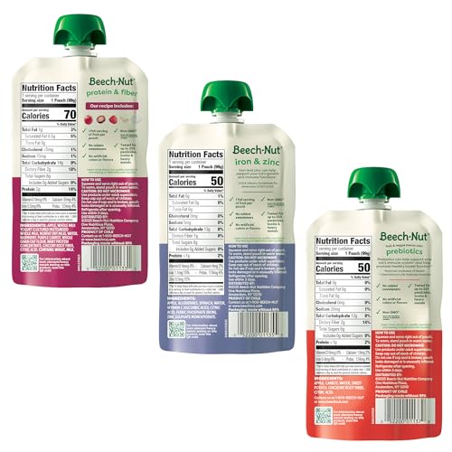 Beech-Nut Baby & Toddler Food Pouches Variety Pack, Protein & Fiber/Iron & Zinc/Prebiotic Fiber Fruit & Veggie Purees, 3.5 oz (18 Pack)