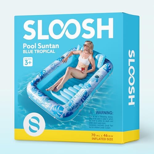 SLOOSH Inflatable Tanning Pool Lounger Float, 70" x 46" Pool Floats Adult with Pillow, 4 in 1 Suntan Tub Raft Floatie,Sunbathing Bed Lounge for Water Blow Up Kids Ball Pit Party Gifts, L-Blue