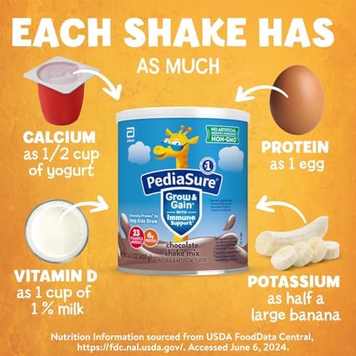 PediaSure Grow & Gain with Immune Support Shake Mix Powder, 23 Vitamins & Minerals, 6g Protein, Non-GMO, Gluten-Free, Chocolate, 14.1 oz Can, Pack of 3-24 servings