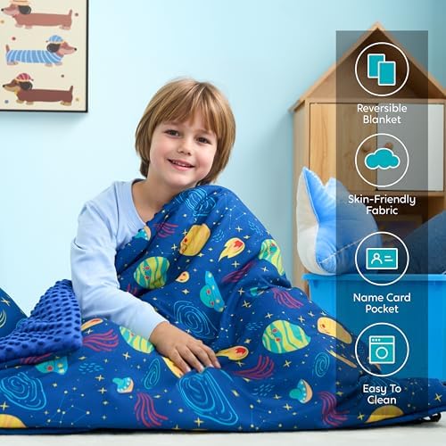 JOIEDOMI Toddler Nap Mat for Preschool 55''x30'' Sleeping Mat with Removable Pillow and Minky Blanket for Kids Ages 3-7 Roll Up Soft Kids Sleeping Bag for Boys Girls Kindergarten Daycare Sleepover