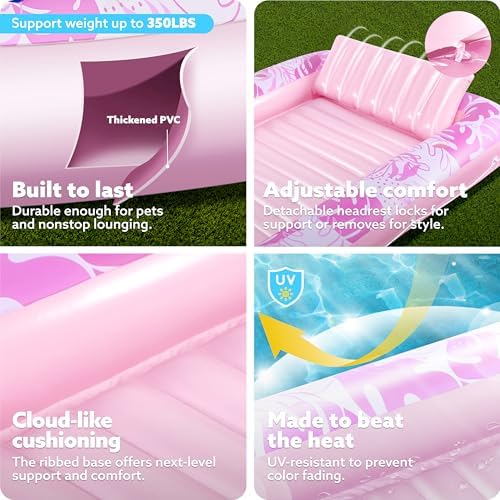 SLOOSH Inflatable Tanning Pool Lounger Float, 85" x 57" Extra Large Pool Floats Adult with Pillow, 4 in 1 Suntan Tub Raft Floatie,Sunbathing Bed Lounge for Water Blow Up Ball Pit, XL-Blushing Pink