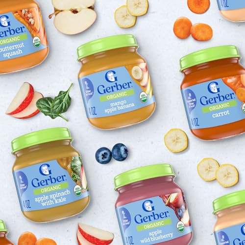 Gerber Stage 2 Baby Food, Organic Apple Wild Blueberry Jar, Fruit Puree, Vitamin C, Non-GMO, Baby Food Fruit, Puree Jars Glass, 10-pack