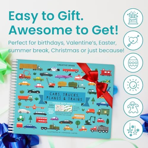 CUPKIN Sticker Book for Kids 2-4, 500+ Kids Stickers, Cars, Trucks, Planes & Trains 12 Coloring Pages 12 Side by Side Scenes, Fun Toddler Travel Activity Coloring and Sticker Books for Ages 4-8 + 8-10