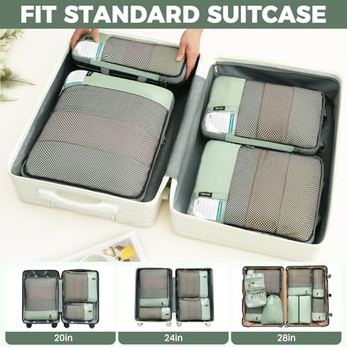 BAGAIL 4 Set/6 Set/8 Set Compression Packing Cubes Travel Accessories Expandable Packing Organizers(HalfMesh, 8-MatchaGreen)