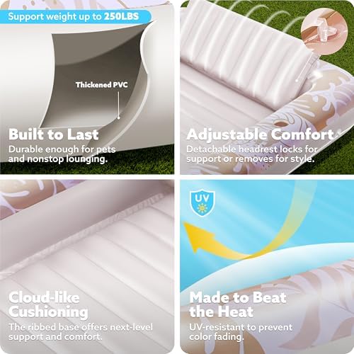 SLOOSH Inflatable Tanning Pool Lounger Float, 70" x 46" Pool Floats Adult with Pillow, 4 in 1 Suntan Tub Raft Floatie,Sunbathing Bed Lounge for Water Blow Up Kids Ball Pit Party Gifts, L-Golden White