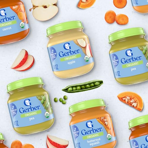 Gerber Stage 1 Baby Food, Organic Pea Jar, Baby Puree, Non-GMO, Vegetable, Puree Jars Glass, 10-pack