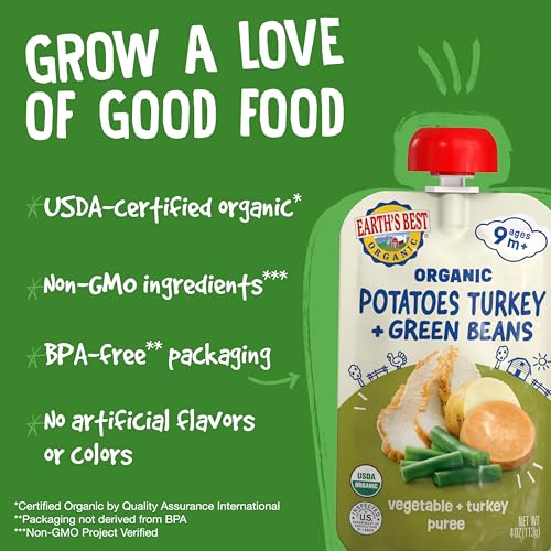 Earth's Best Organic Vegetable +Turkey Puree Potatoes Turkey + Green Beans Pouch, 4 oz (Pack of 12)