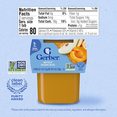 Gerber 2nd Foods Apricot Mixed Fruit Pureed Baby Food, 4 Ounce Tubs, 2 Count (Pack of 8)