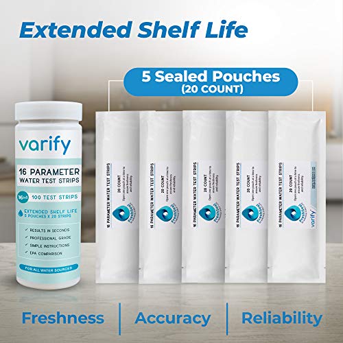 Varify 17in1 Complete Drinking Water Test Kit - 100 Strips + 2 Bacteria Tester Kits - Well, Tap, Home, City Water Testing Strip for Lead, Alkaline, Chlorine, Hardness, Iron, Fluoride, Copper & More